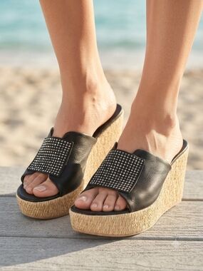Onex Black Studded Leather Jute Wedge Slide
